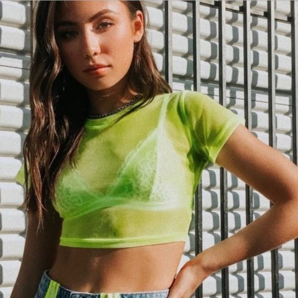 LF Emma & Sam Power Mesh Crop Tee Neon Lemon Yellow XS New - Picture 7 of 7